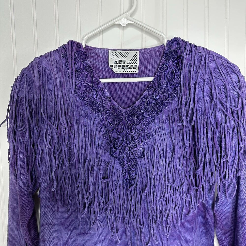 Vintage Art Express Purple Tie Dye Sweater One Size Fringe 80s Glam Western USA - Picture 4 of 14